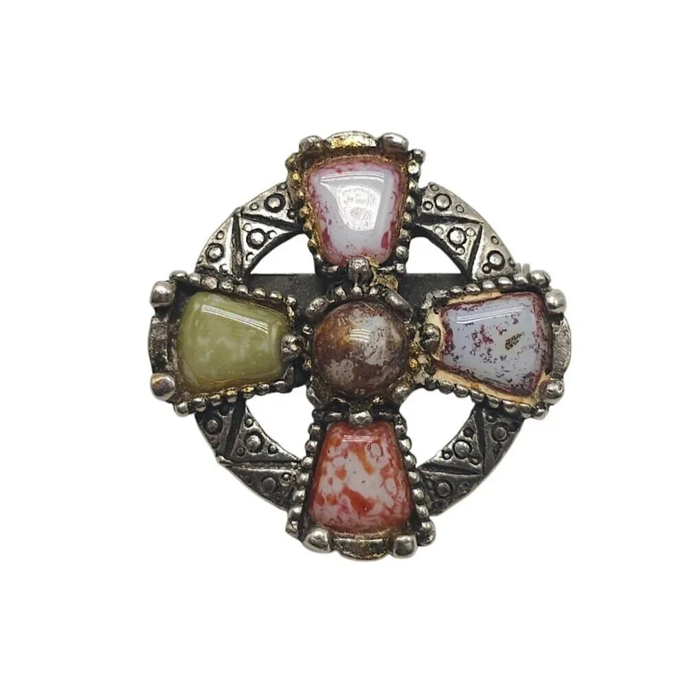 Vintage Celtic Style Brooch With Multi Color Stones Silver Tone